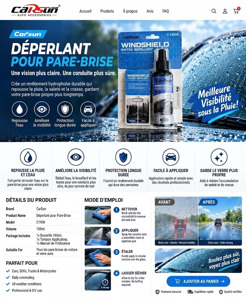 Spray Anti-Pluie pour Pare-Brise – Repousse l’Eau et Améliore la Visibilité